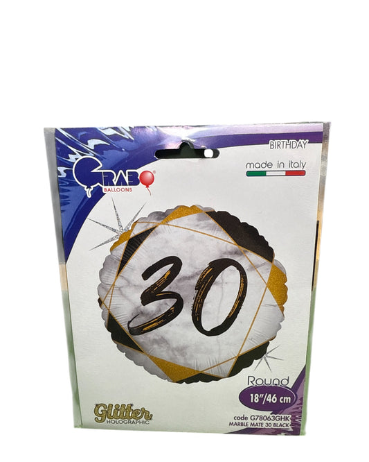 Palloncini Foil | Compleanno 30 Marmo | Nero/Oro | 18 Pollici | 1 Pz