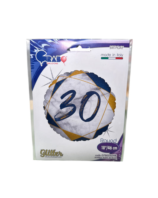 Palloncini Foil | Compleanno 30 Marmo | Blu/Oro | 18 Pollici | 1 Pz