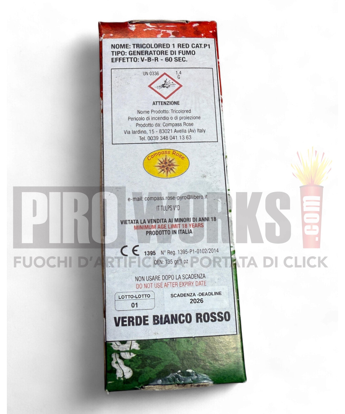 Fumogeno Tricolore | Verde-Bianco-Rosso | 60 Sec | 1 Pezzo | Compass Rose