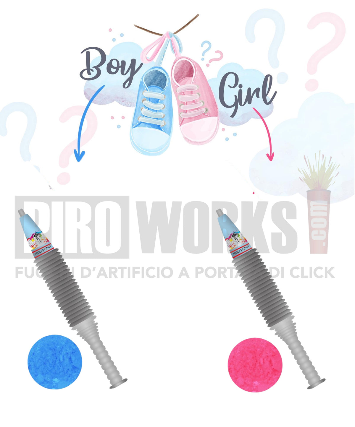 Baby Shower | Boy or Girl | Holi Pump Shooter | Polvere Celeste o Rosa