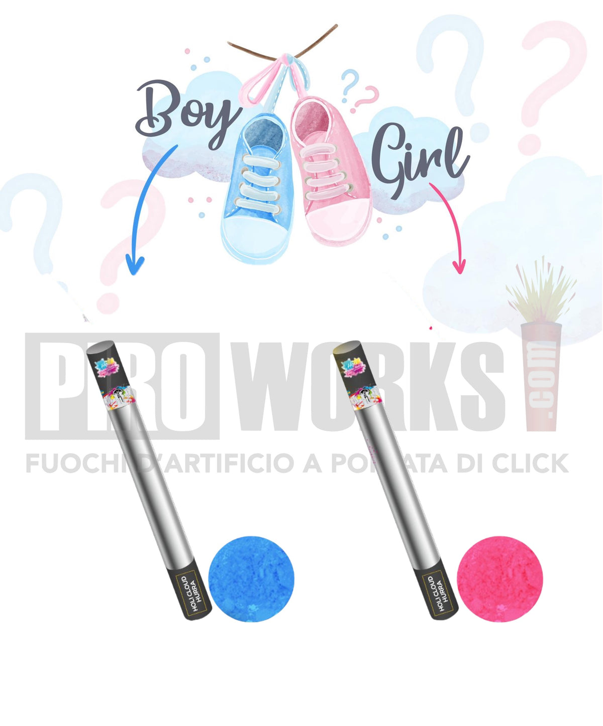 Baby Shower | Boy or Girl | Lanciatori Holi Cloud Hurra | Polvere Celeste o Rosa